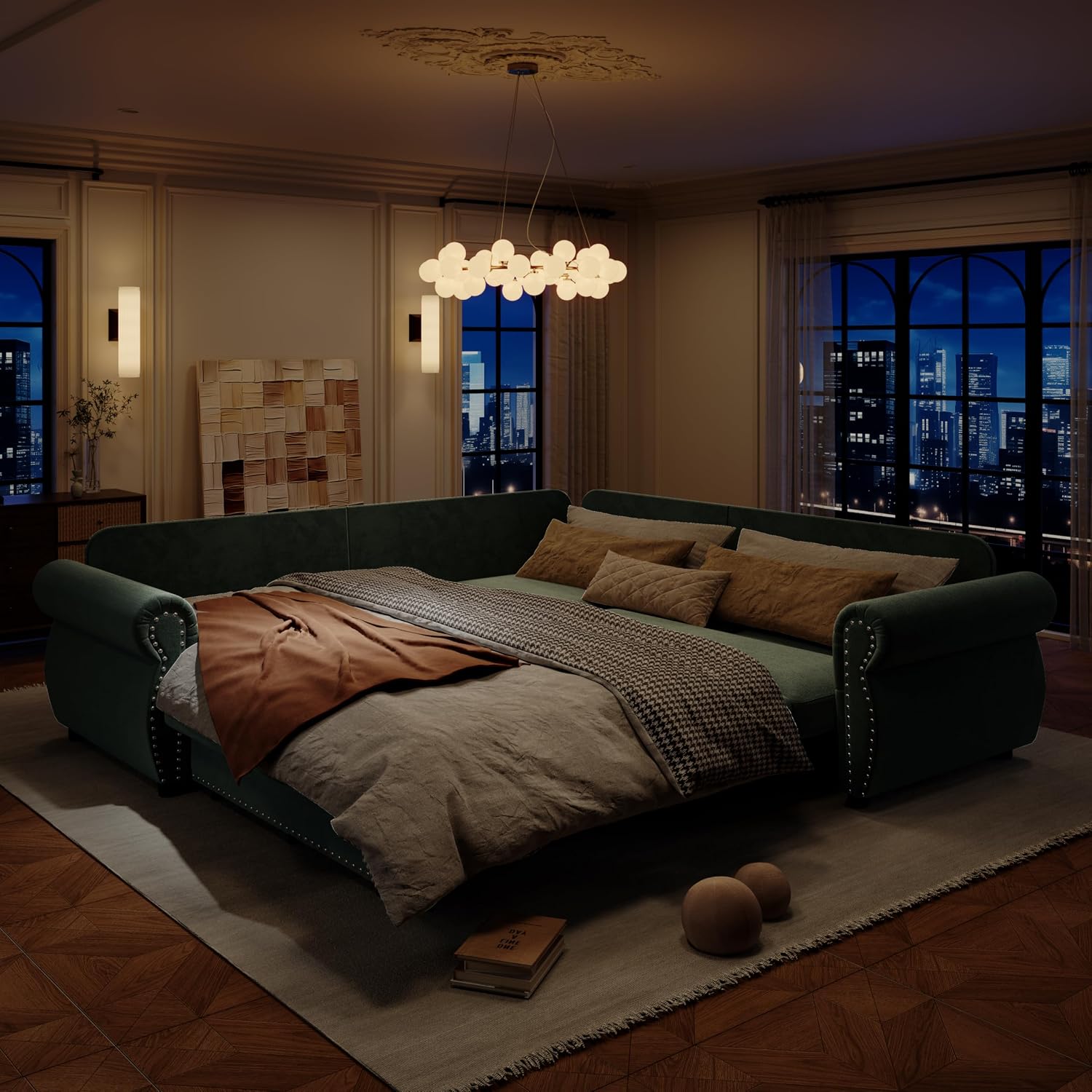 88.2'' Pull Out Couch, Convertible Sleeper Sofa Bed, Upholstered Sectional Sofa, Chenille L-Shaped Couch with Nailhead Trim, 4-Seater Modern Sectional Couches for Living Room, Bedroom,Green
