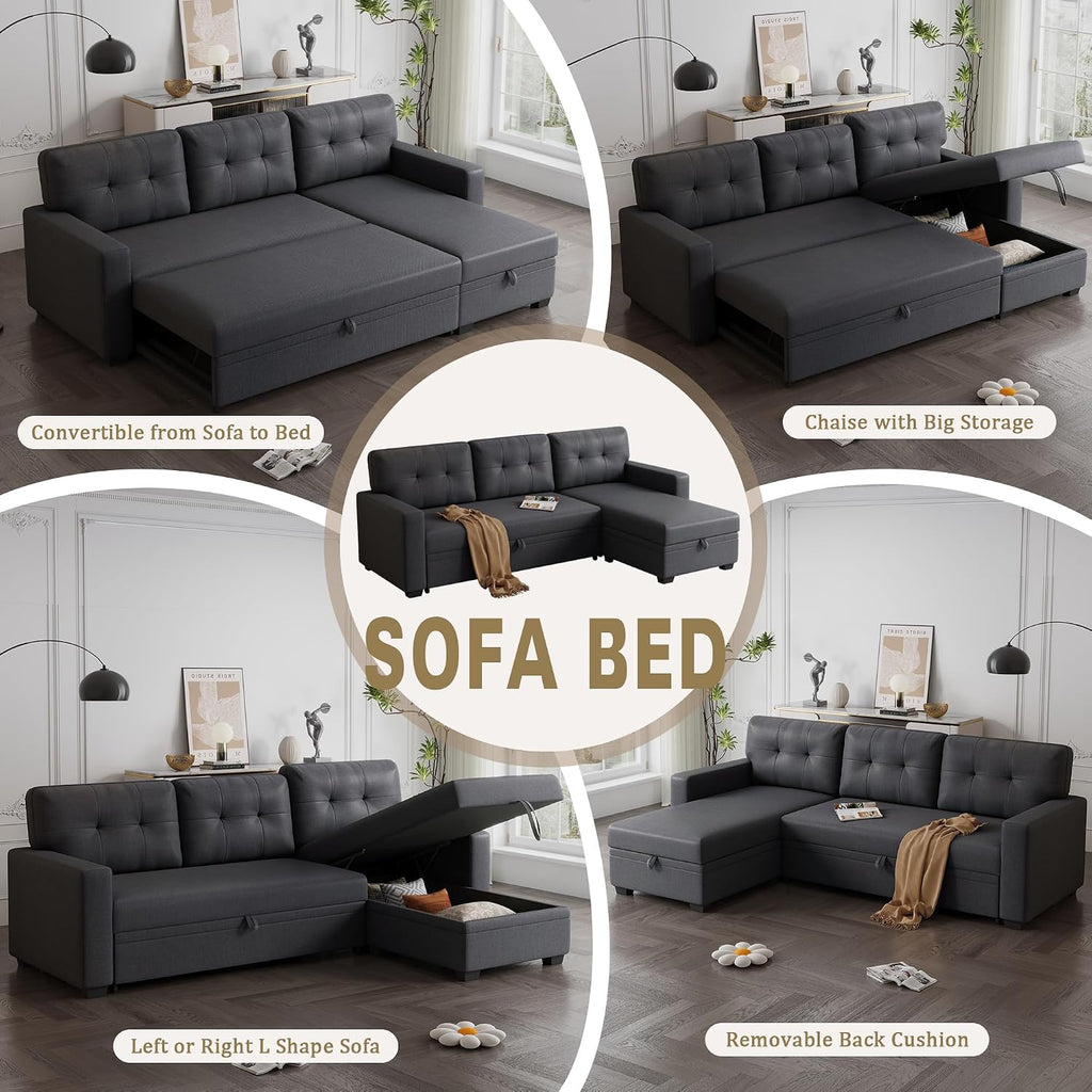82' L-Shape Convertible Sleeper Sectional Sofa with Storage Chaise and Pull-Out Bed,Modular Corner Couch Lounge,w/Removable 3 Back Cushions and Armrest,for Home Furniture,Dark Gray