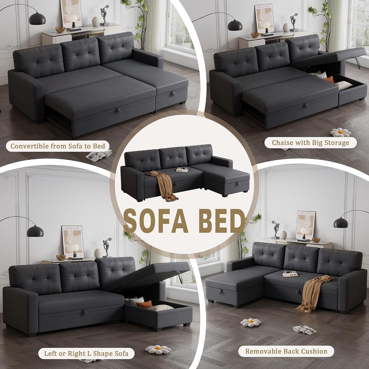 82' L-Shape Convertible Sleeper Sectional Sofa with Storage Chaise and Pull-Out Bed,Modular Corner Couch Lounge,w/Removable 3 Back Cushions and Armrest,for Home Furniture,Dark Gray
