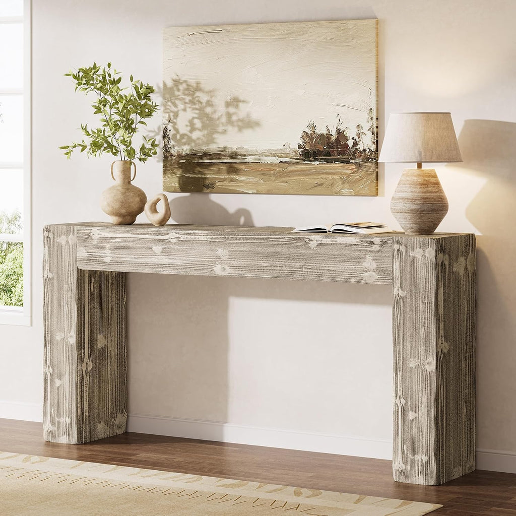 Solid Wood Console Table, 63-Inch Farmhouse Sofa Table Behind Couch for Entryway, Living Room, Foyer, Easy Assembly (Weathered Gray)