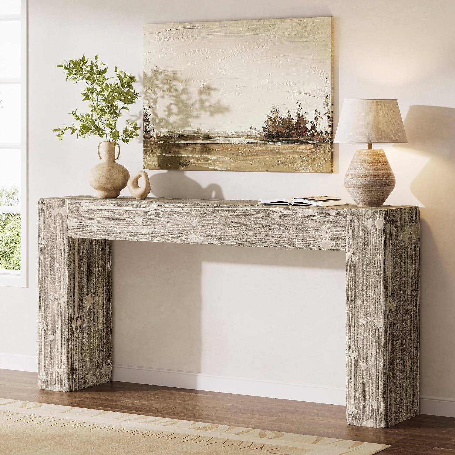 Solid Wood Console Table, 63-Inch Farmhouse Sofa Table Behind Couch for Entryway, Living Room, Foyer, Easy Assembly (Weathered Gray)