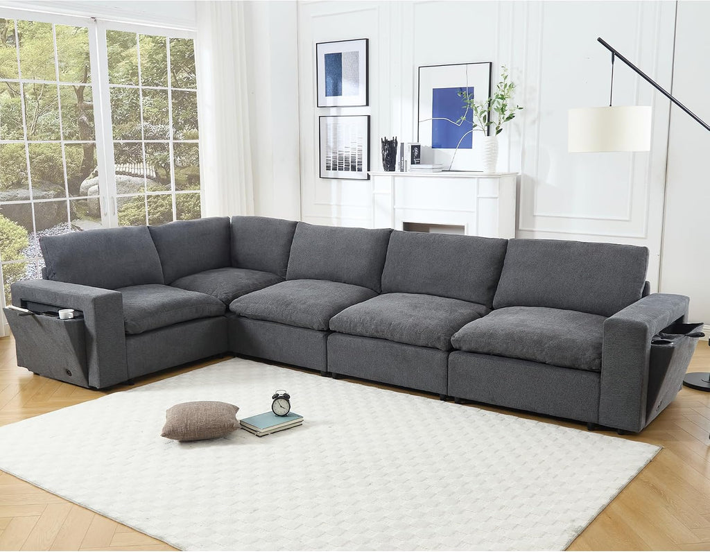 Modular Sectional Couch, L-Shaped Sectional Sofa Chaise with Dual USB-C Charging & Cup Holders, Modern 5 Seat Couches for Living Room with Storage & Armrests, Soft Linen Fabric, Grey