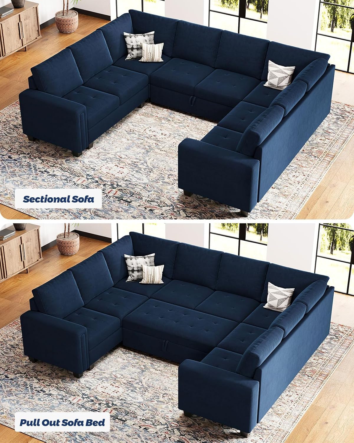 Belffin Modular U Shaped Sectional Sleeper Sofa with Pull Out Couch Bed Velvet Blue Couch
