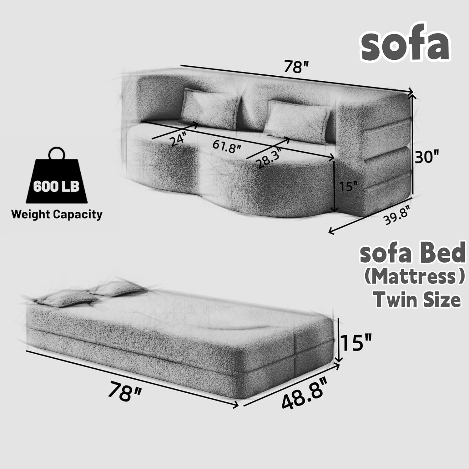JOYBASE 78' Folding Sofa Bed, Convertible Twin Sleeper Sofa, Minimalist Boneless Cloud Couch for Living Room, Apartment, Bedroom (Baby-Pink Corduroy)