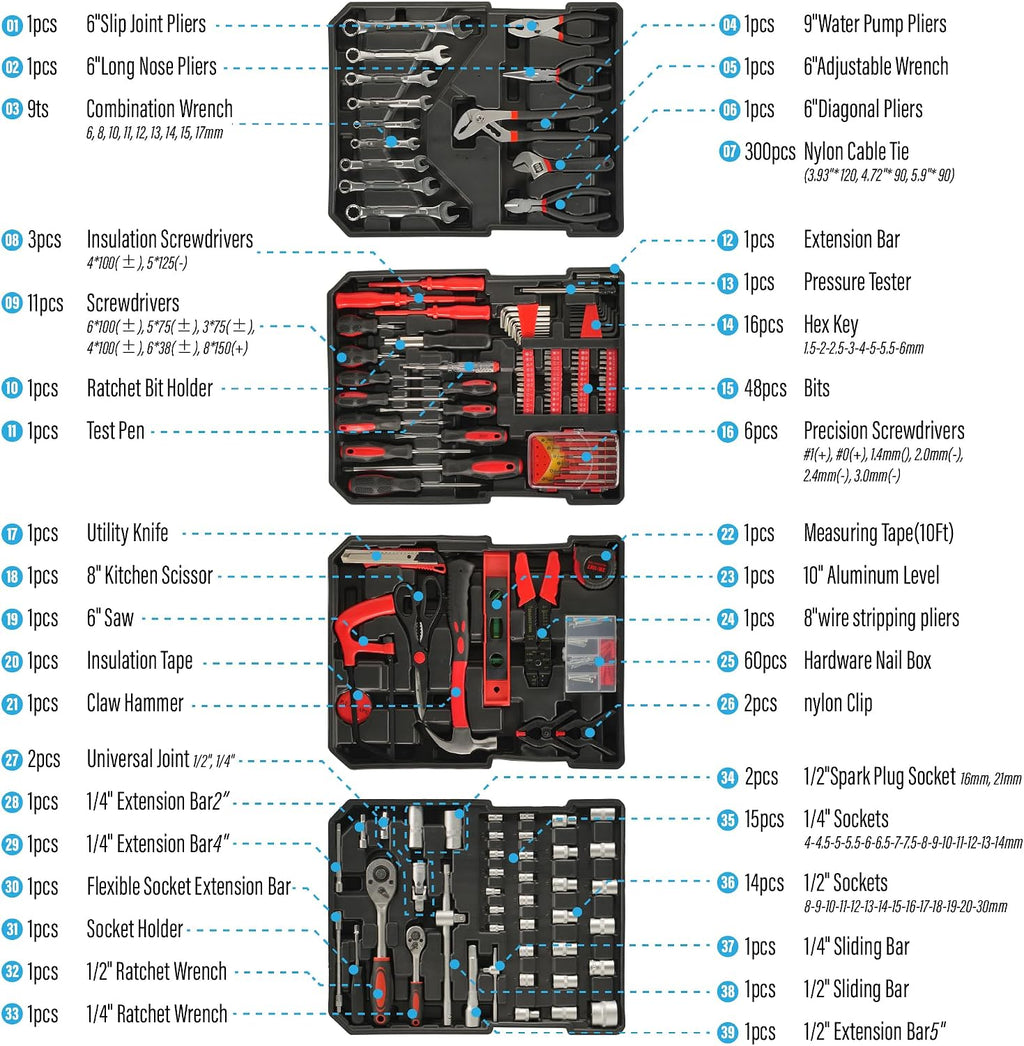 Tool Kit, Aluminum Trolley Case Tool Set for Men, 515 PCS General Household Tool Kit with 4-Drawer for Home Repair, Car, Garage, Maintenance, Auto Repair Toolbox with Wheel