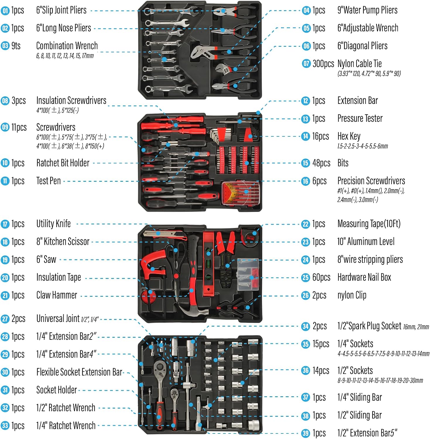Tool Kit, Aluminum Trolley Case Tool Set for Men, 515 PCS General Household Tool Kit with 4-Drawer for Home Repair, Car, Garage, Maintenance, Auto Repair Toolbox with Wheel