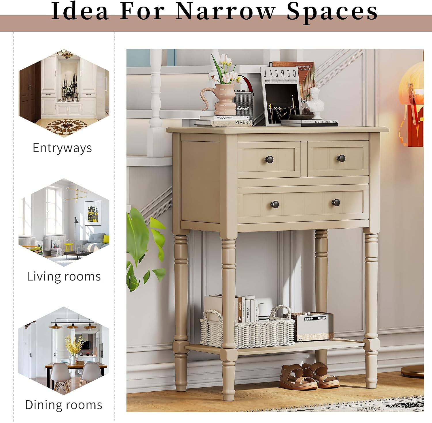 Merax Slim Console Table, Elegant Entryway Table with Three Storage Drawers and Bottom Shelf for Hallway and Living Room (Beige)