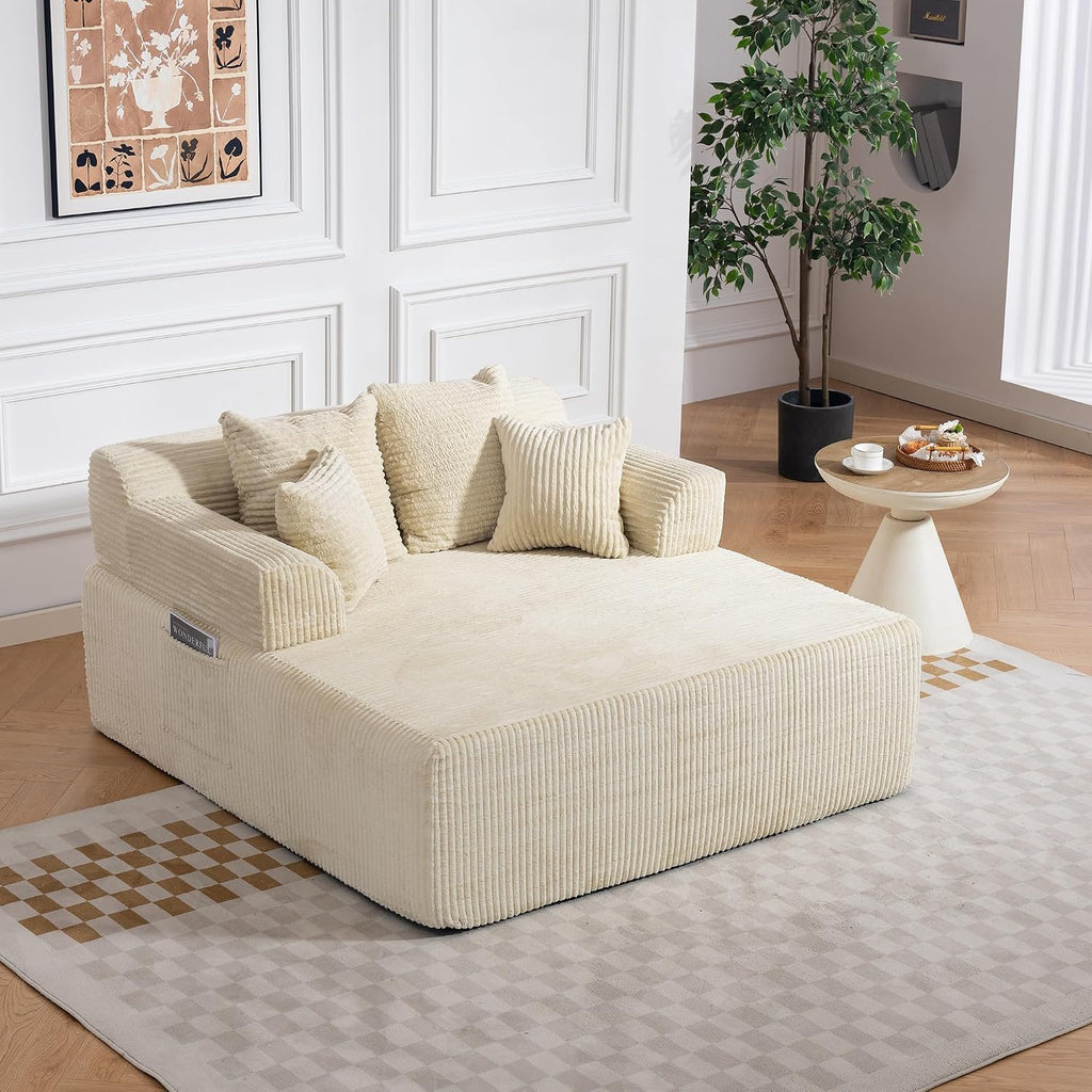 58' Chaise Lounge Chair Indoor, Beige - Oversized Corduroy Boneless Sleeper Sofa Bed with Armrests and 4 Pillows, No Assembly for Living Room