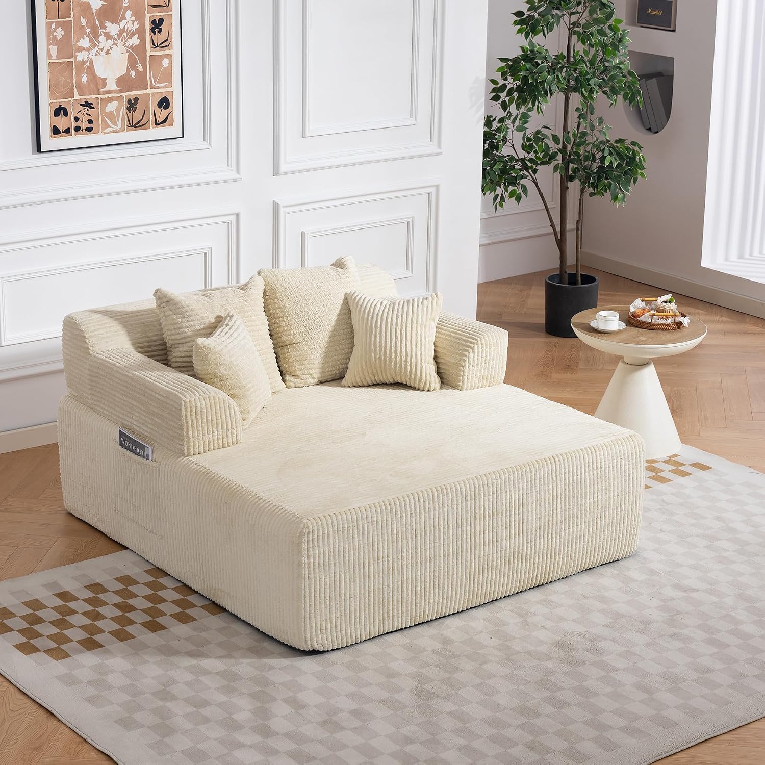 58' Chaise Lounge Chair Indoor, Beige - Oversized Corduroy Boneless Sleeper Sofa Bed with Armrests and 4 Pillows, No Assembly for Living Room