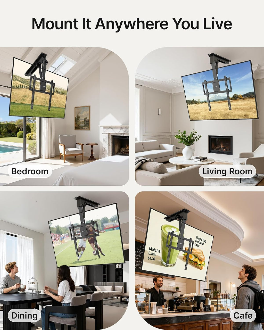 monTEK Motorized Ceiling TV Mount for 32-75 Inch TVs up to 121lbs, Heavy-Duty Electric Flip Down Ceiling Mount, Off-Center TV Compatible, Remote/App/Voice Control, Fits Flat & Pitched Roof