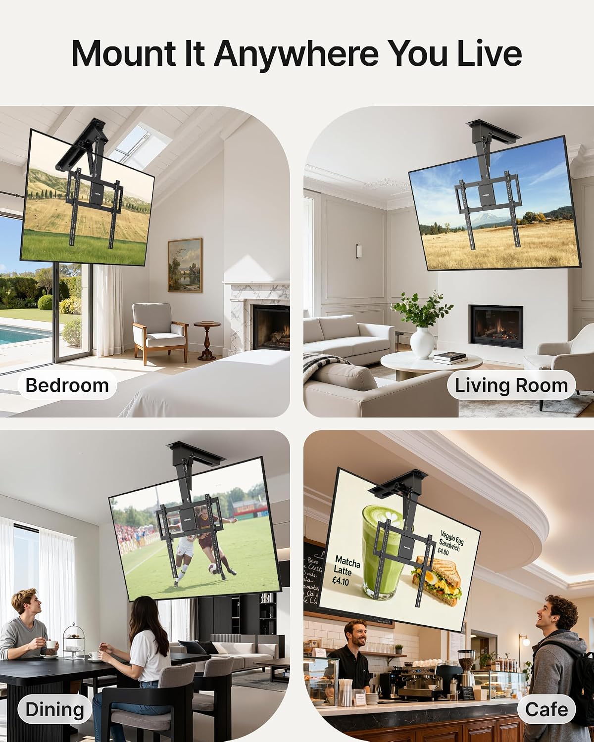 monTEK Motorized Ceiling TV Mount for 32-75 Inch TVs up to 121lbs, Heavy-Duty Electric Flip Down Ceiling Mount, Off-Center TV Compatible, Remote/App/Voice Control, Fits Flat & Pitched Roof