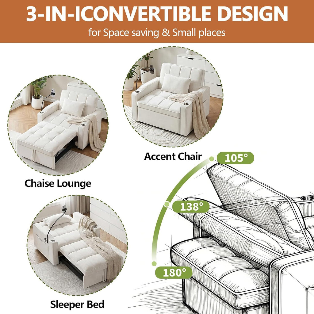 Majnesvon Modern Velvet Fabric Sofa Bed Futon,3 in 1 Convertible Pullout Bed Couches with 3 Reclining Backrests,Phone Stand,Small Sofa Single Sleeper Chair Bed for Living Room Bedroom (Beige)