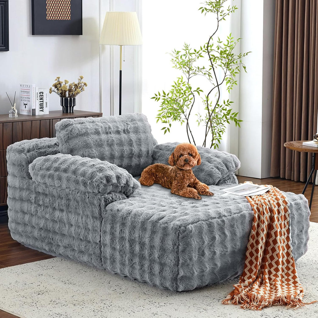 VINGLI Boneless Chaise Lounge Chair, Light Grey Oversized Reading Chair Upholstered Bubble Fleece Cloud Couch Sofa Recliner Bed Comfy Sleeper Lounge for Living Room, Movie Room, Bedroom