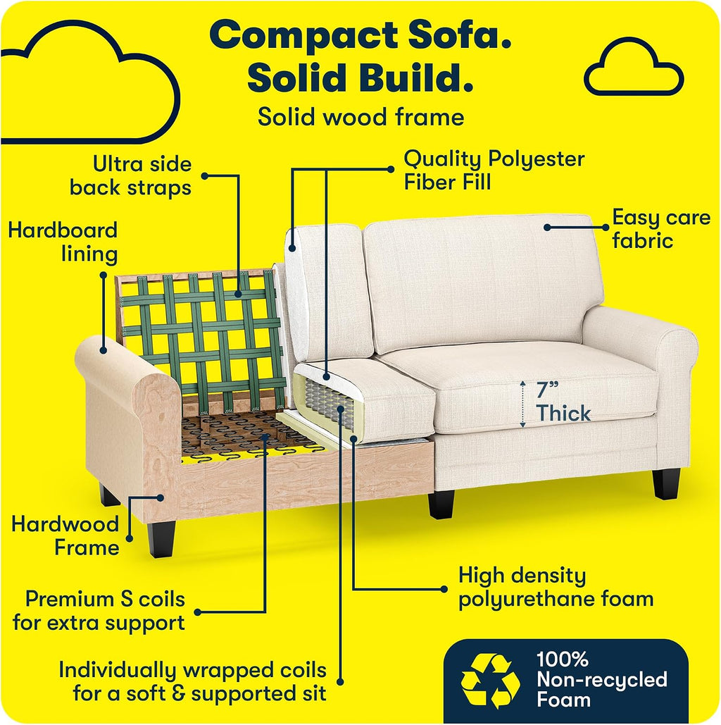 Serta Copenhagen 78' Rolled Arm Sofa, Easy Care Polyester, Soft Pillow Back, Pocket Coil Seat Cushions, Removable Covers, Loveseat or Couch for Small Spaces, Living Rooms or Bedrooms, Buckwheat Beige