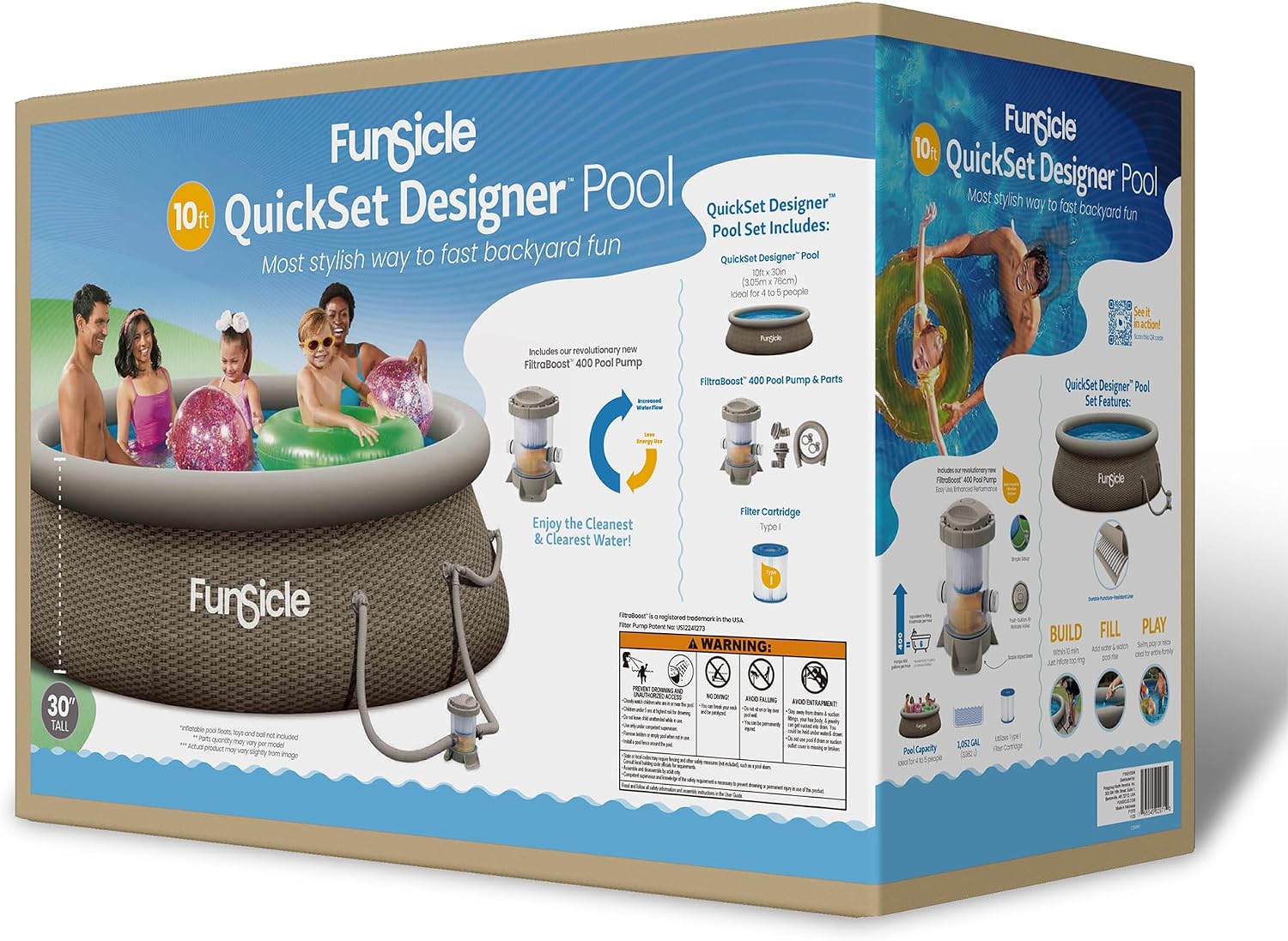 Funsicle Quickset Designer 10' x 30' Round Above Ground Swimming Pool, with FiltraBoost 400 GPH Filter Pump, Type I Filter Cartridge & Repair Patch, Triple Basketweave Print