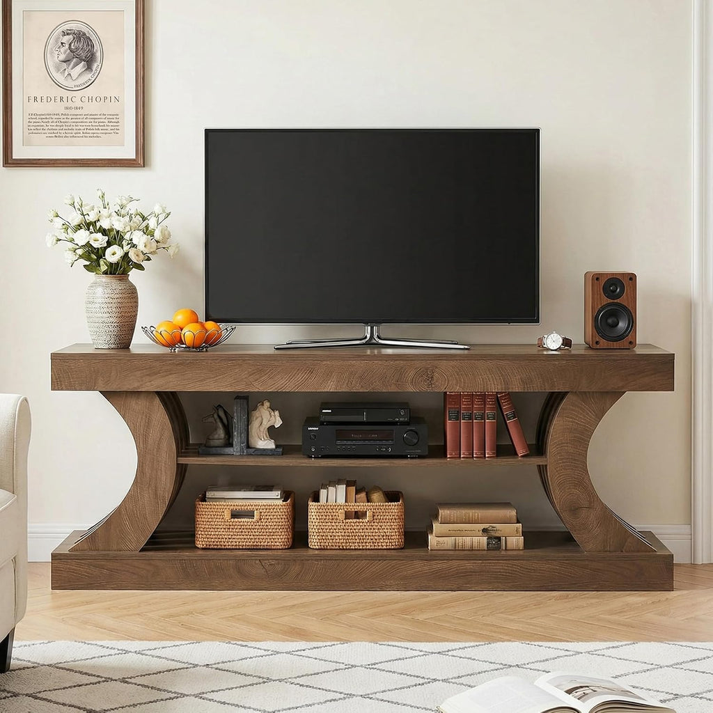 Tribesigns 63-Inch Farmhouse Entryway Console Table with Storage, TV Console with Curved Design for Living Room, Bedroom, Brown (Brown, 15.75' D x 63' W x 23.6' H)