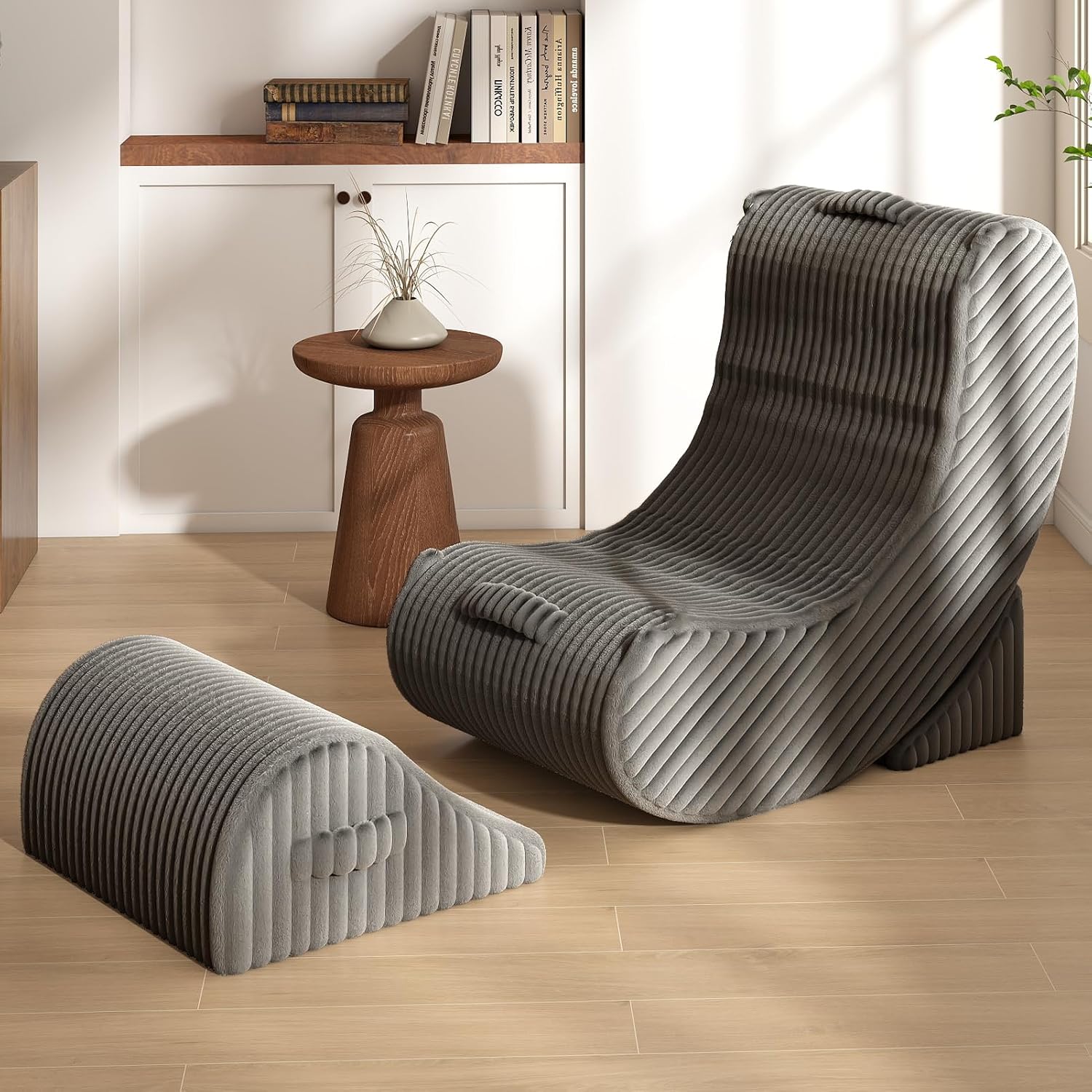 3-in-1 Adjustable Zero Gravity Floor Chair, Oversized Corduroy Boneless Chair for Adults with Memory Foam & Washable Cover, Silent Rocker Recliner Lounge Chair for Reading, Nursing, Gaming, Gray