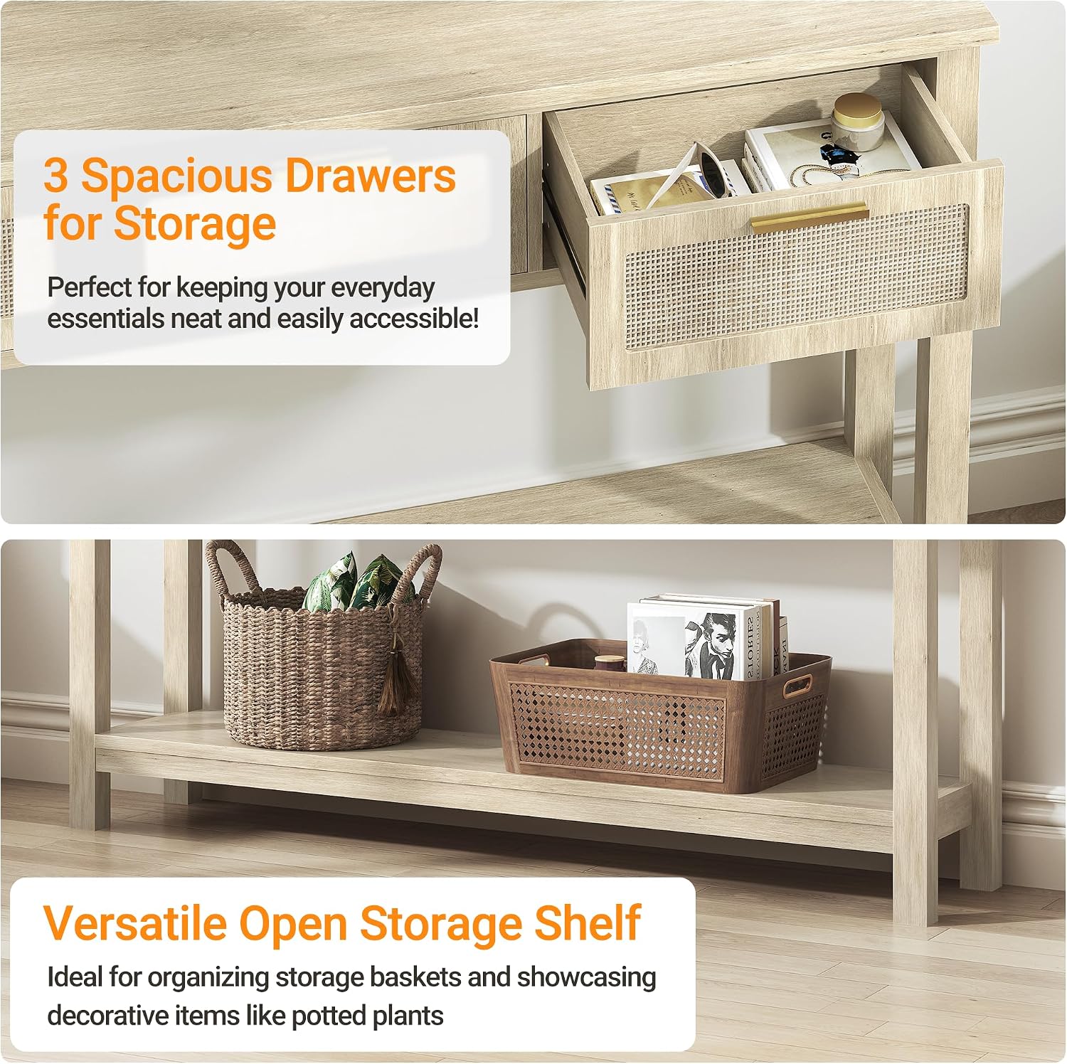 ELYKEN Rattan 51.2' Console Table with 3 Drawer, Entryway Table with Drawer & Shelf, Boho Sofa Table Behind Couch Foyer for Living Room, Hallway, Natural Wood
