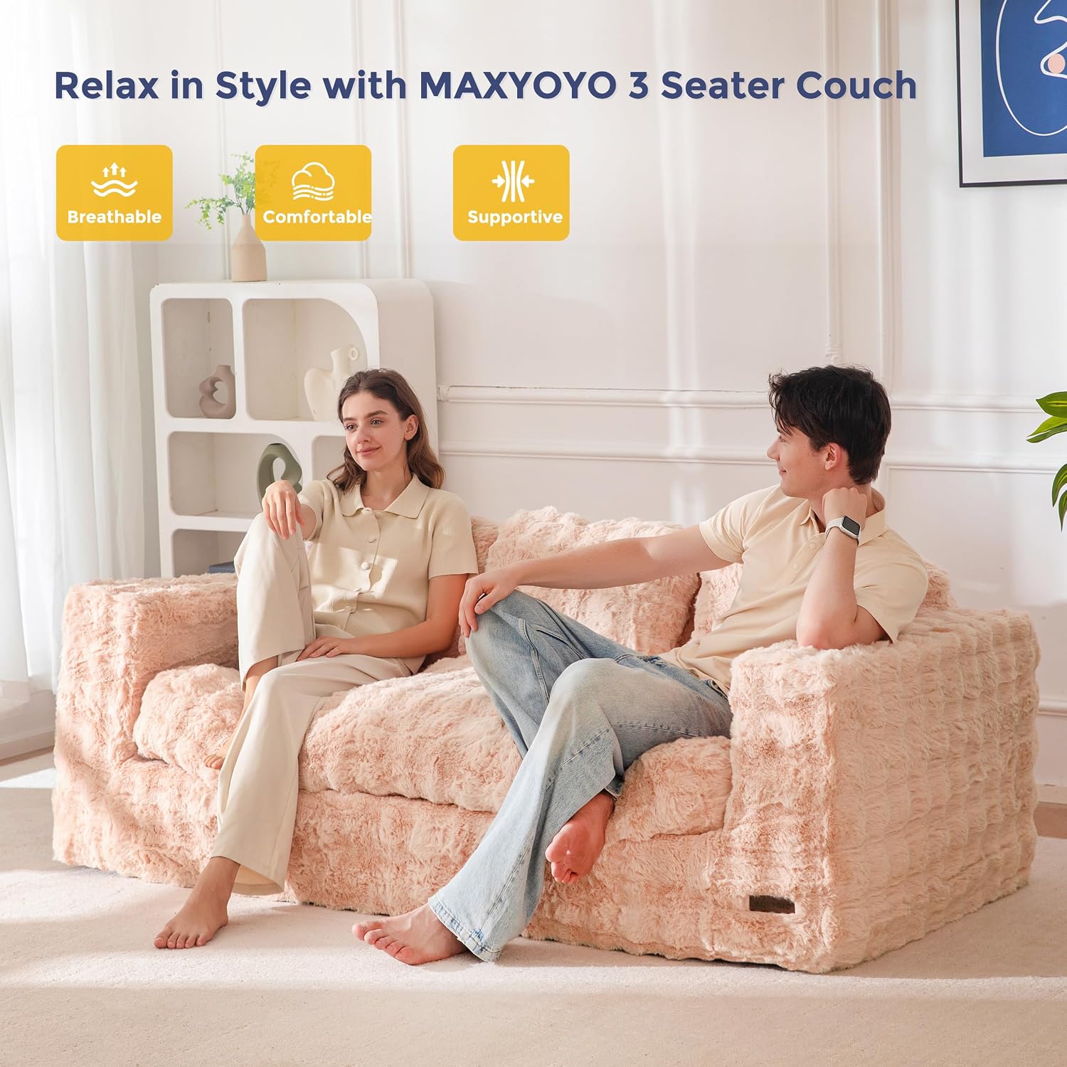 MAXYOYO 3 Seater Sofa for Living Room, Tufted Boneless Couch Bubbled Sofa Couch, Comfy Bean Bag Chair for Bedroom Apartment, No Assembly Needed, Pink