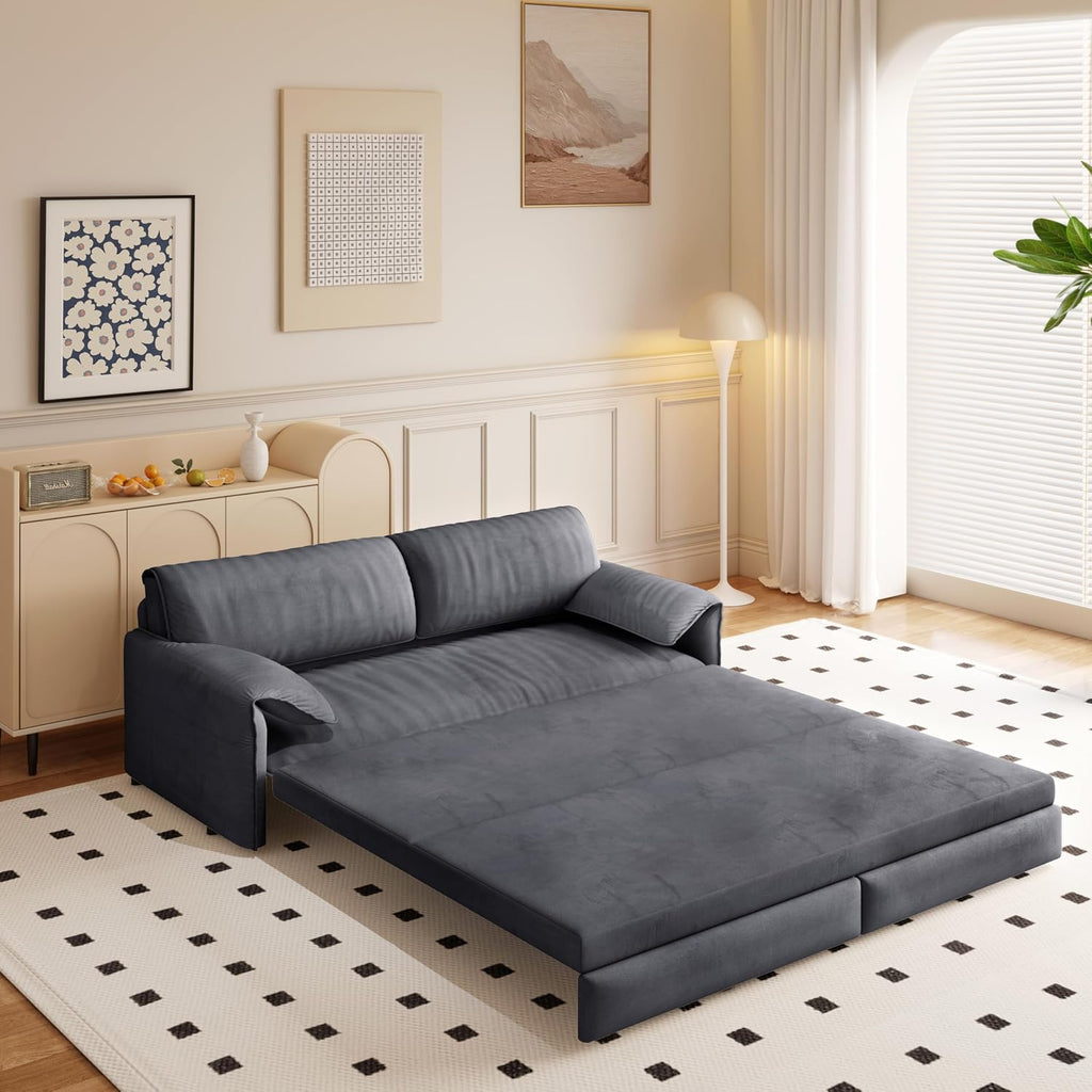 66' Sleeper Sofa Bed Queen Size, 3-in-1 Convertible Couch, Modern Pull Out Couches, Comfy Velvet Futon Sofa, Cloud Loveseat Lounge, Pillow Arm, for Small Spaces, Living Room, Apartment, Grey
