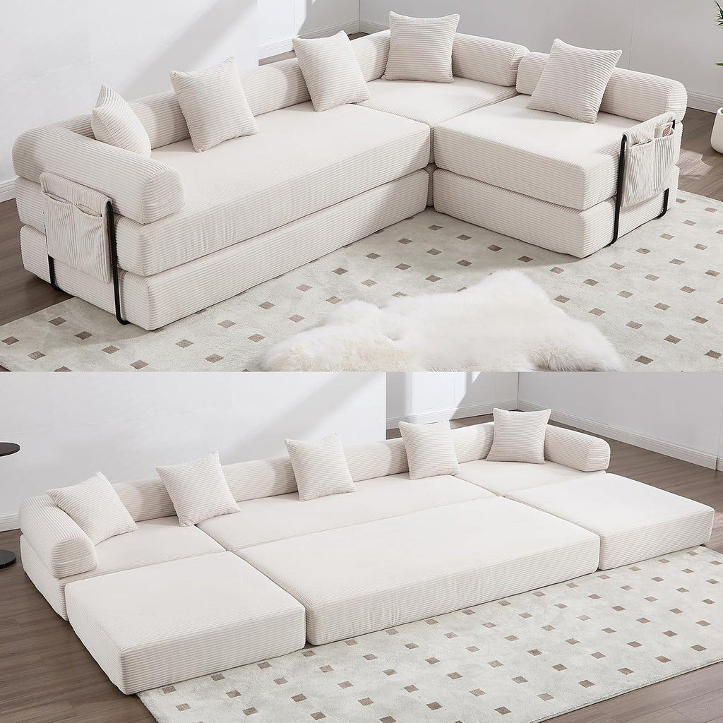 106' Oversized Convertible Sleeper Sofa Bed, Corduroy L Shape Sectional Couch, Folding Sofa Bed with Side Pocket, Modern Cloud Floor Mattress Couch, Modular Sofa for Living Room, Beige