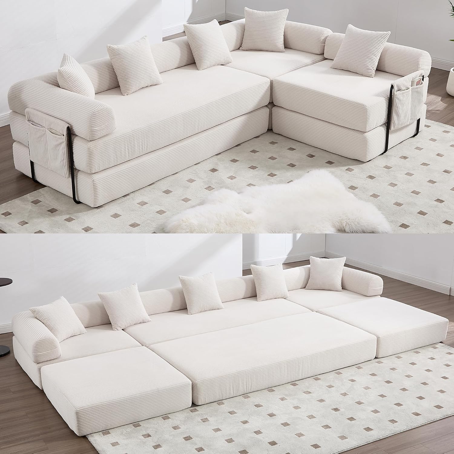 106' Oversized Convertible Sleeper Sofa Bed, Corduroy L Shape Sectional Couch, Folding Sofa Bed with Side Pocket, Modern Cloud Floor Mattress Couch, Modular Sofa for Living Room, Beige