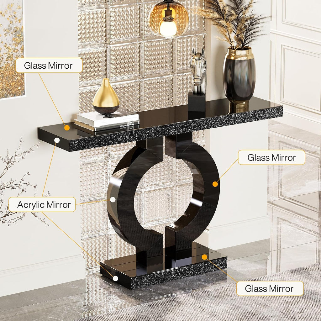 Tribesigns Modern Mirrored Console Table, Glass Sofa Table with Mirror Finish, 43-Inch Entryway Table with O-Shaped Base, Rectangular Accent Foyer Table for Living Room Hallway Entrance (Black)