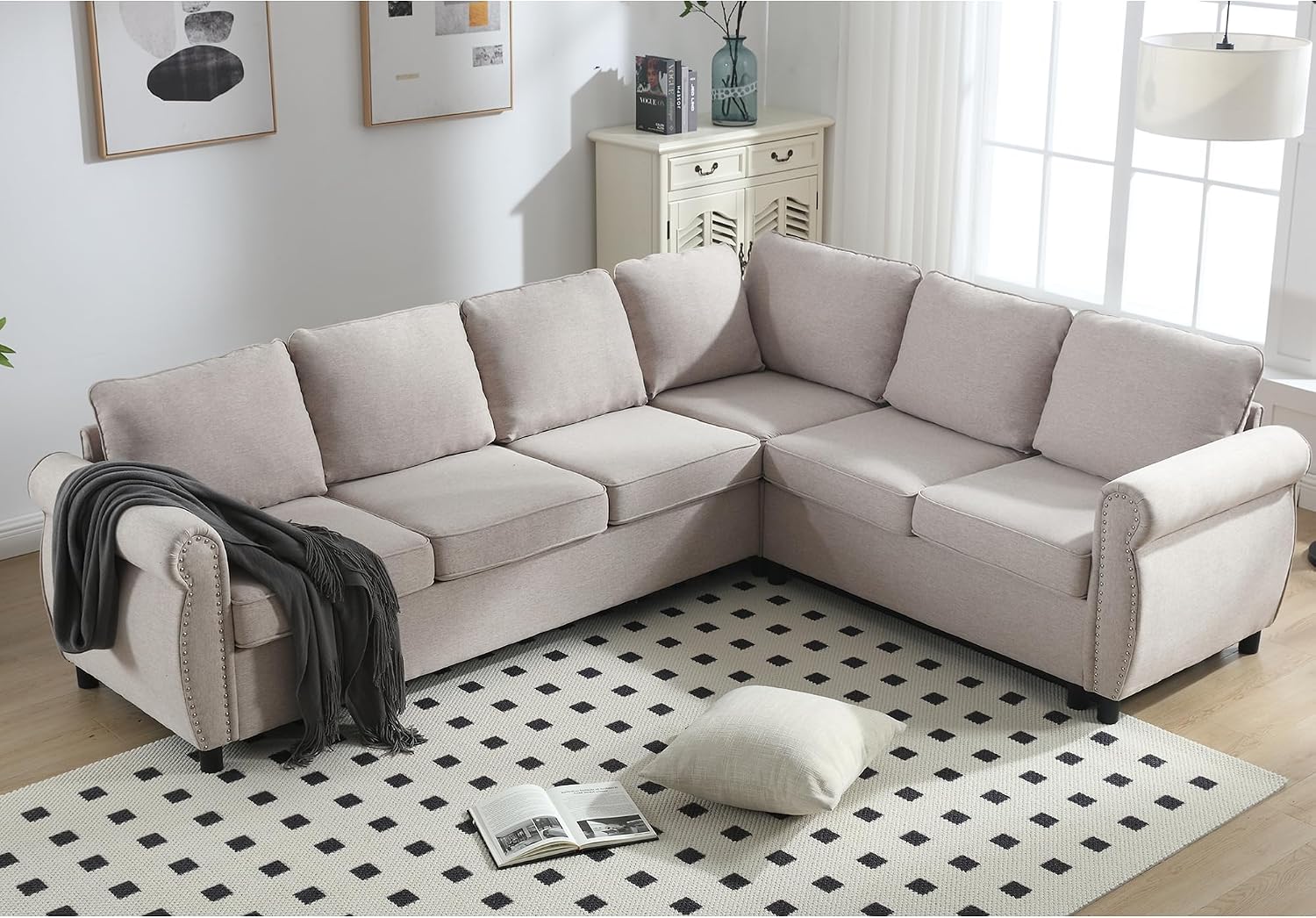 104'' Pull Out Couch, Convertible Sleeper Sofa Bed Queen, Upholstered Sectional Sofa with Mattress, 6-Seater L-Shaped Couch, Modern Sectional Couches for Living Room, Apartment, Studio, Beige