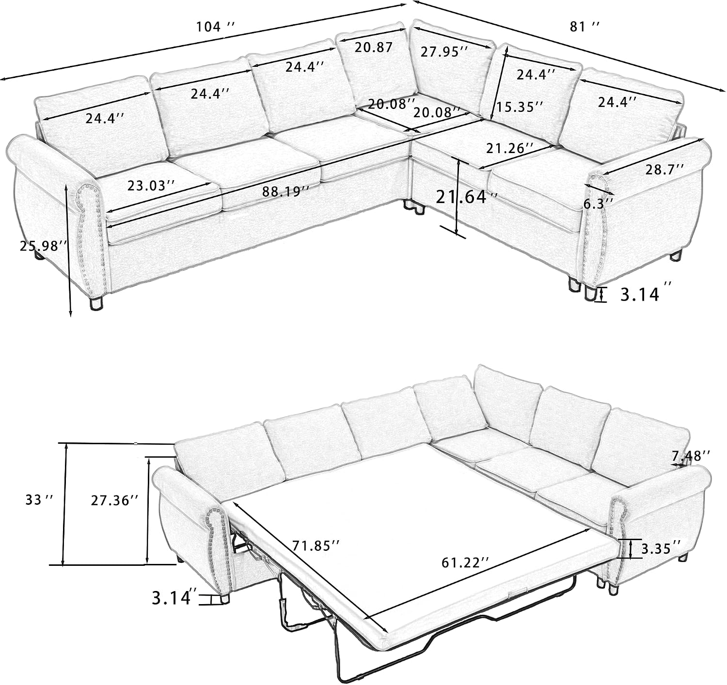 104'' Sleeper Sofa Bed, L Shaped Sectional Sofa with Pull Out Couch Bed, Queen Size 6 Seater Sofa with Memory Foam Mattress, Sectional Couches for Living Room Furniture Set, Brown