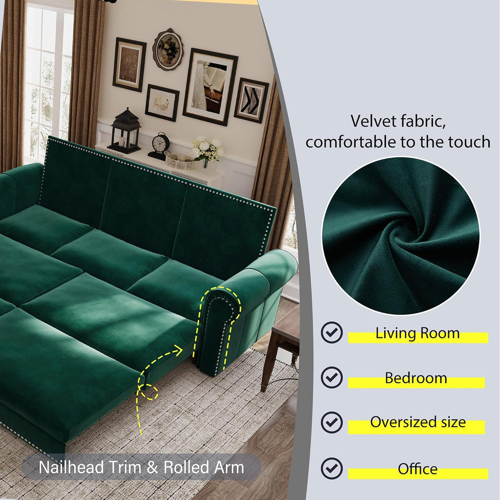 3 in 1 Convertible Sleeper Sofa Bed, 93.7' King Size Sofa Sleeper with Pull Out Bed, Velvet Folding Loveseat Sofa 3-Seater with Deep Seat, Nailhead Trim & Rolled Arm for Living Room (Green)