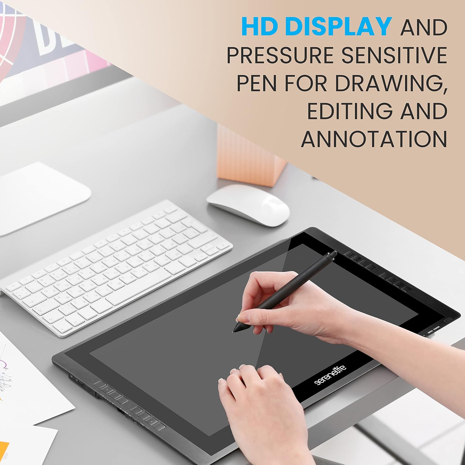 SereneLife Graphic Tablet with Active Pen - 22' Full-Laminated Technology Art Monitor w/ 8192 Pressure Levels Wireless Stylus - Digital Drawing, Online Teaching, Design - for MAC, Windows OS
