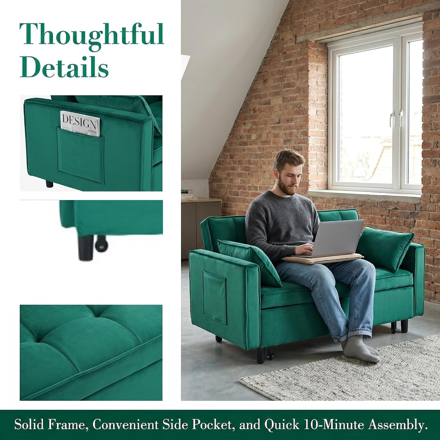 55in Pull Out Sofa Bed, 3 in 1 Convertible Sleeper Sofa Bed with Side Pockets & Adjustable Backrest, Velvet Fabric Loveseat Pull Out Couch for Living Room Bedroom Apartment & RV, Green