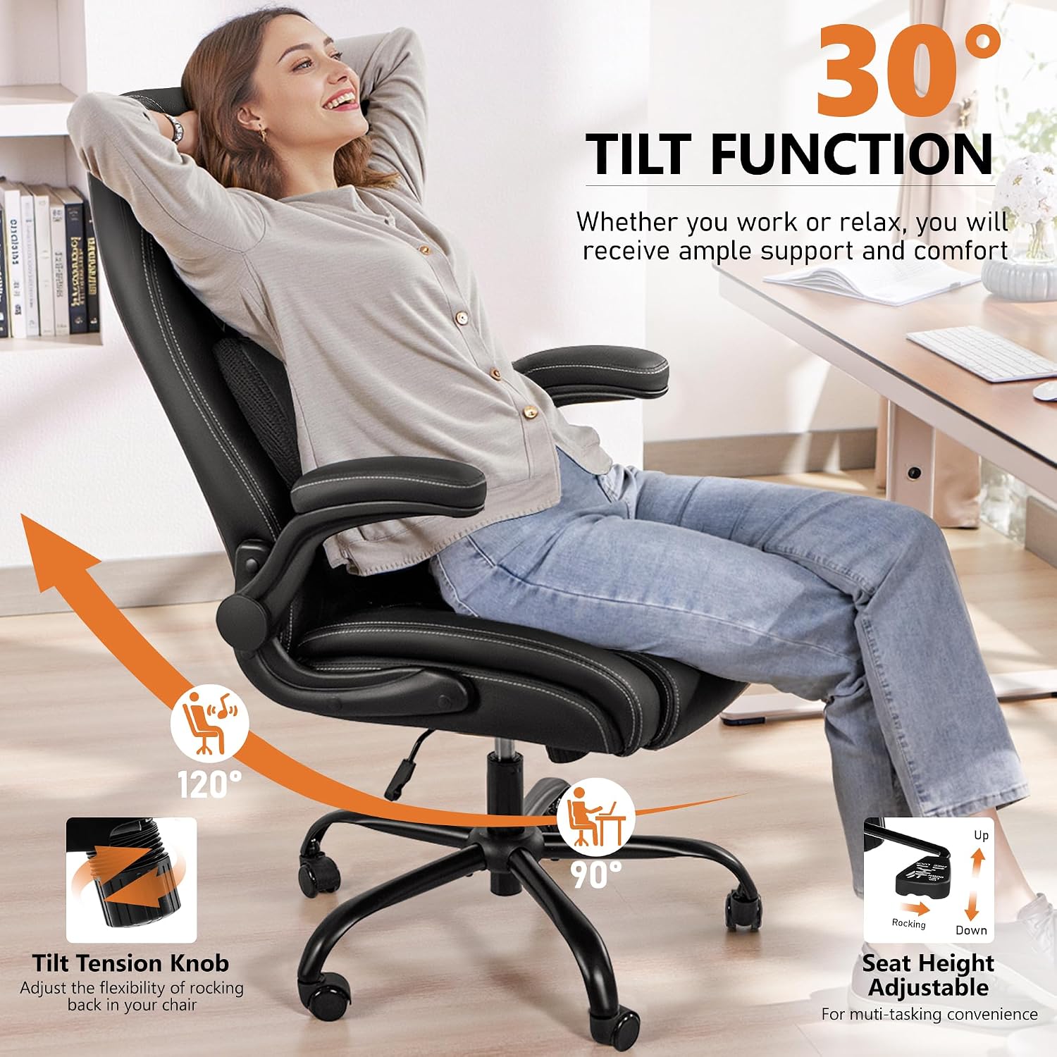 BESTFAIR Office Chair, Ergonomic Computer Desk Chairs with Lumbar Support for Lower Back Pain Relief, Executive Leather Home Chair Comfy with Padded Flip-up Armrests, Black, 4-Pack