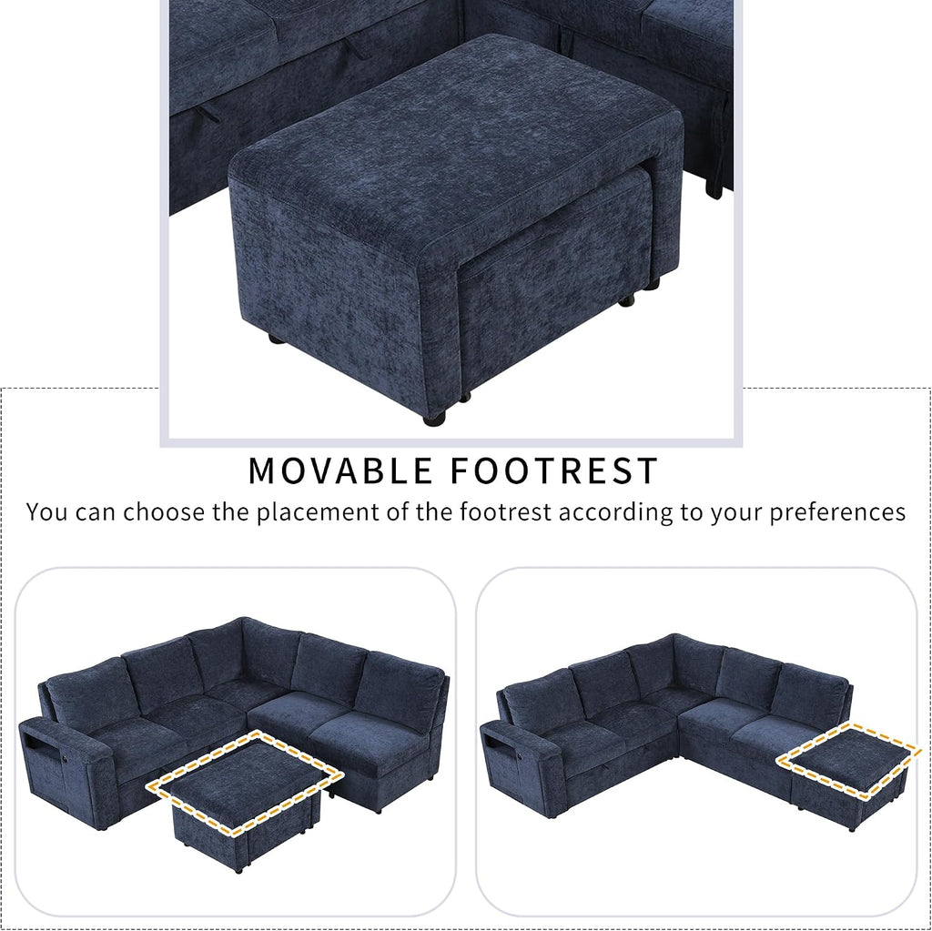 LUMISOL 90' Convertible Sleeper Sofa Bed with Pull-Out Bed & Ottoman, L-Shaped Sectional Sofa Bed with USB Ports, Cup Holders & Storage, Corner Sofa Couch with Storage Chaise for Living Room, Blue