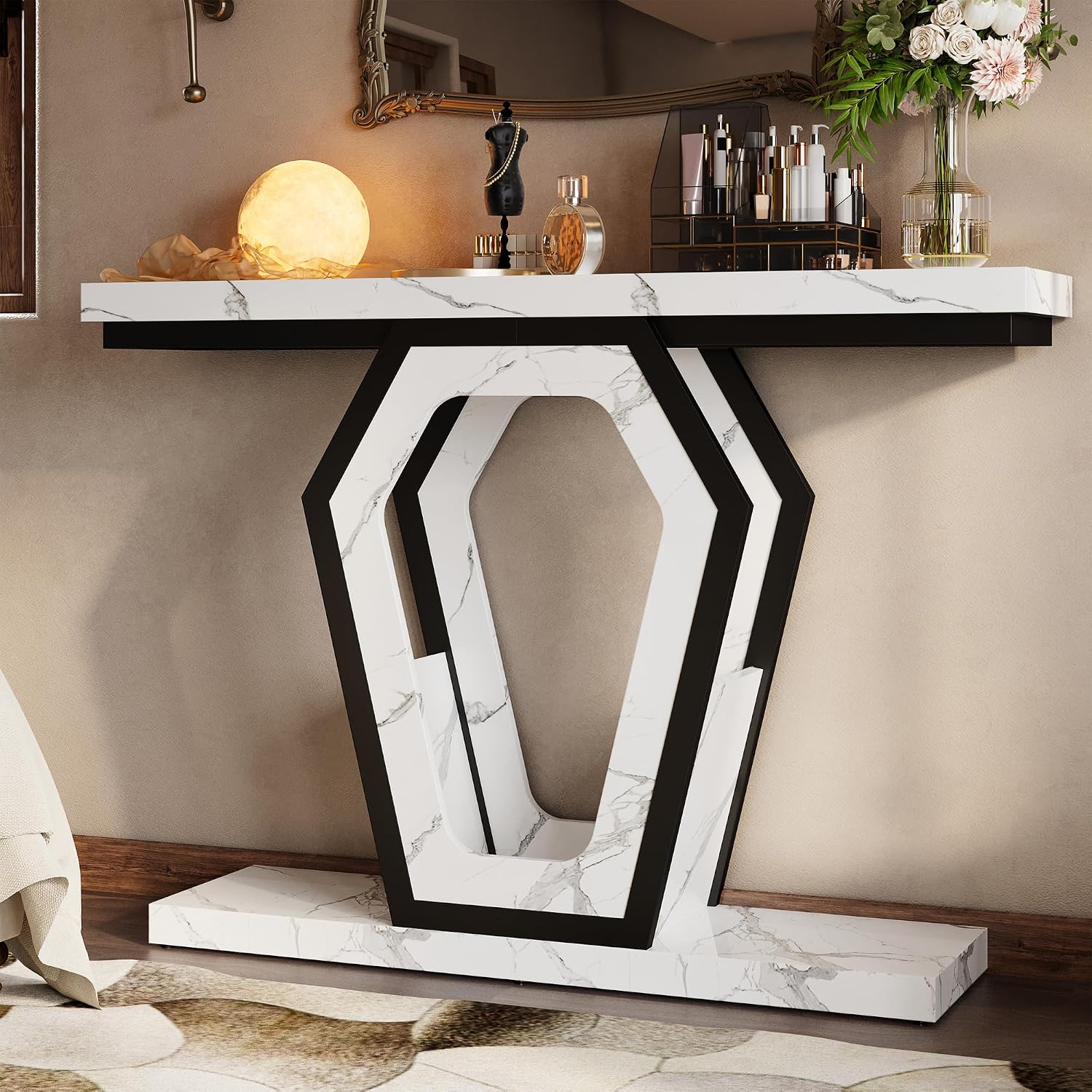 FUSUNBAO 47.3' Console Table,Openwork Bracket Sofa Table, Wood Narrow Entryway Table for Hallway, Behind The Couch, Living Room, Foyer, Easy Assembly（White Marble Texture）
