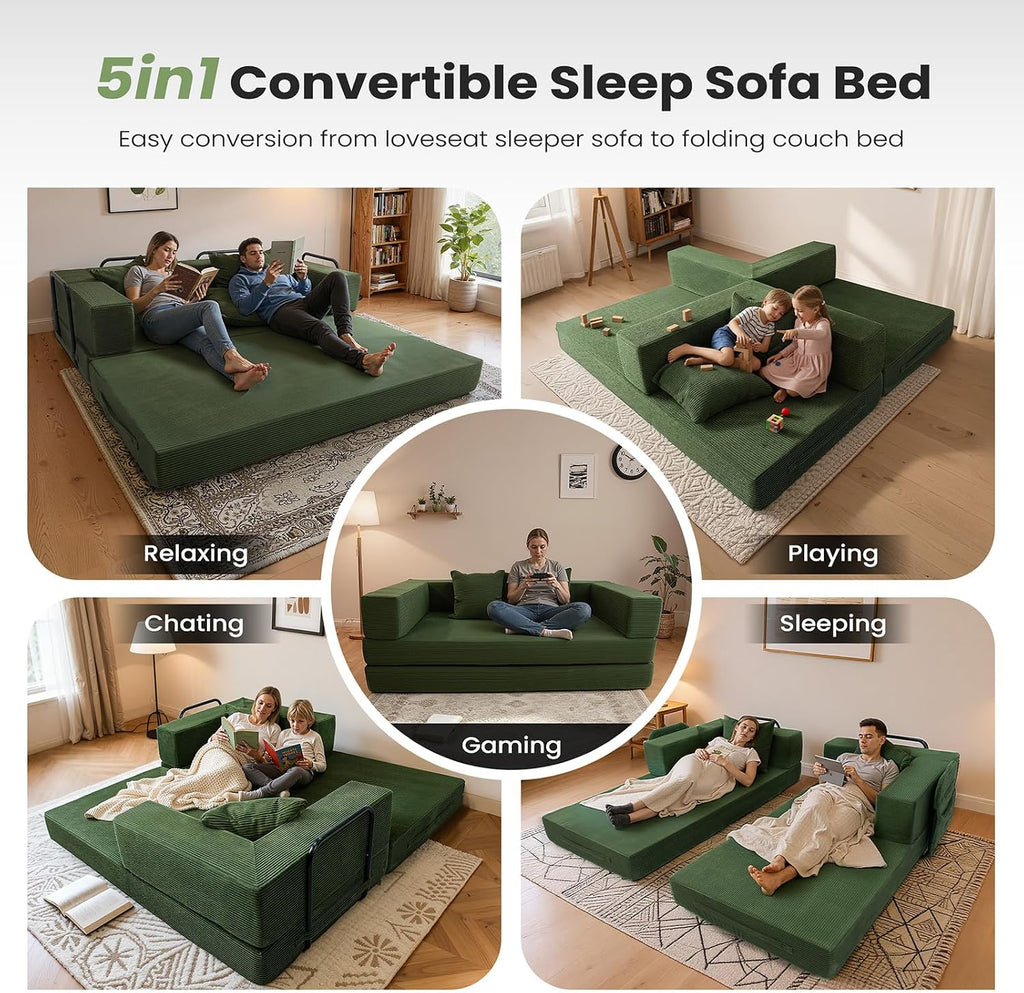 5‑in‑1 Futon Sofa Bed Queen – Floor Foldable Convertible Sofa Couch with L‑Shaped, Dark Green Sofa Bed