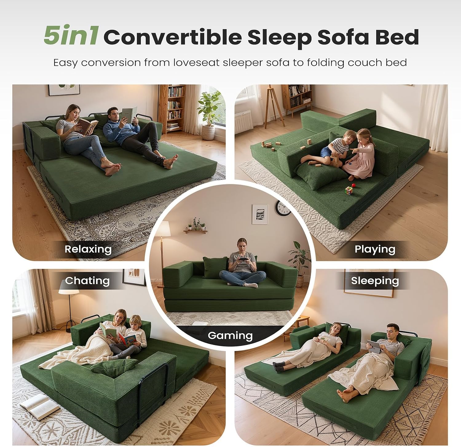 5‑in‑1 Futon Sofa Bed Queen – Floor Foldable Convertible Sofa Couch with L‑Shaped, Dark Green Sofa Bed