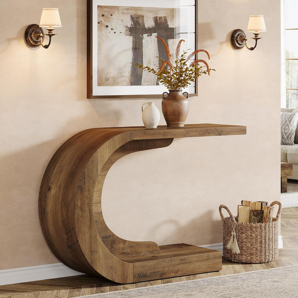 Tribesigns 43.3' Modern Console Entryway Table with Storage, Farmhouse C-Shaped Rustic Behind Couch Sofa Table for Living Room, Hallway, Entry, Entrance, Foyer, Easy Assembly, Brown