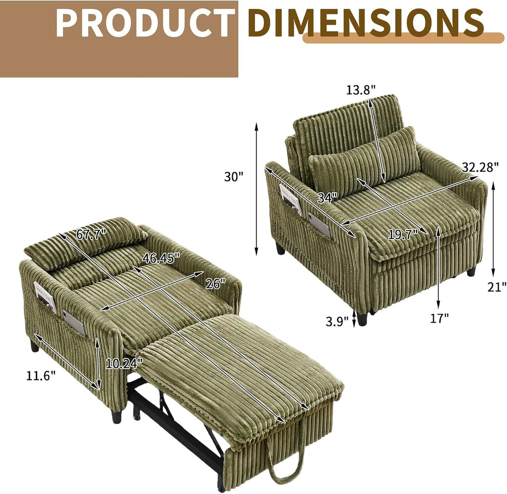Majnesvon Modern Corduroy Fabric Sofa Bed Futon,3 in 1 Convertible Pullout Bed Sleeper Couches with 3 Reclining Backrests,Small Sofa Chair Bed for Living Room Bedroom (Green)
