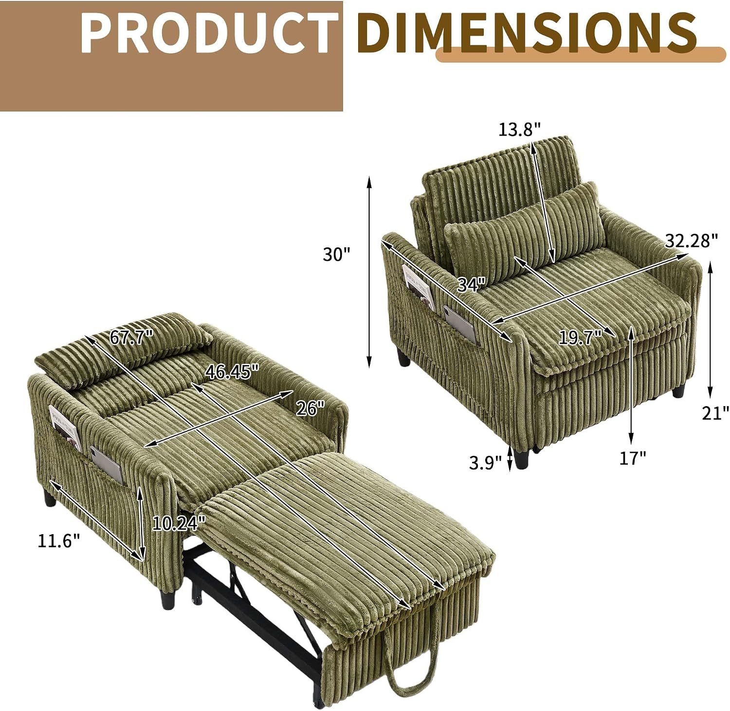 Majnesvon Modern Corduroy Fabric Sofa Bed Futon,3 in 1 Convertible Pullout Bed Sleeper Couches with 3 Reclining Backrests,Small Sofa Chair Bed for Living Room Bedroom (Green)