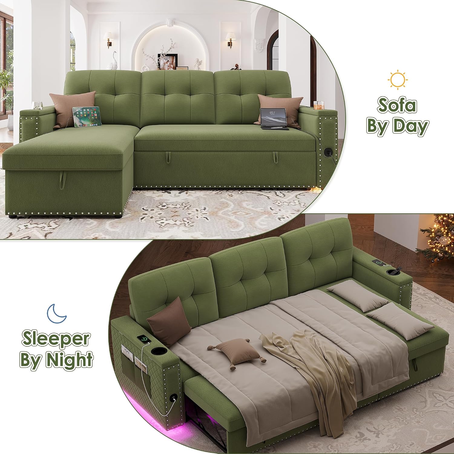 HIFIT Sleeper Sofa Bed- 81' L Shaped Pull Out Couches for Living Room with Storage Chaise, Storage Armrest, LED Light&USB Port&Cupholder, Modern Velvet Sectional Home Sofa Living Room Furniture, Green