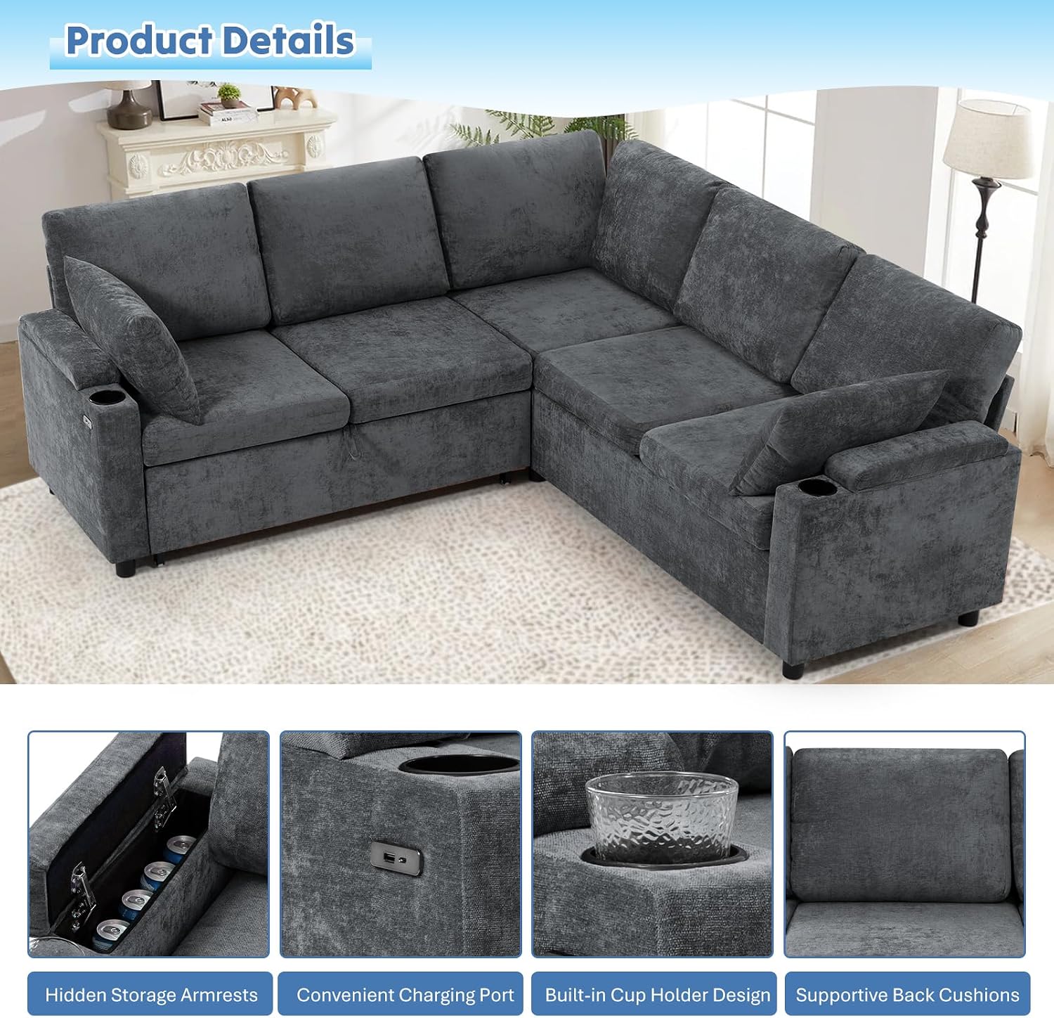 85' Chenille Reversible Sectional Sofa w/Pull Out Bed, Upholstery L-Shaped Couch w/Storage Armrests & Cup Holders, Modern Corner Sofa w/USB Charging Port & Throw Pillow for Living Room, Grey