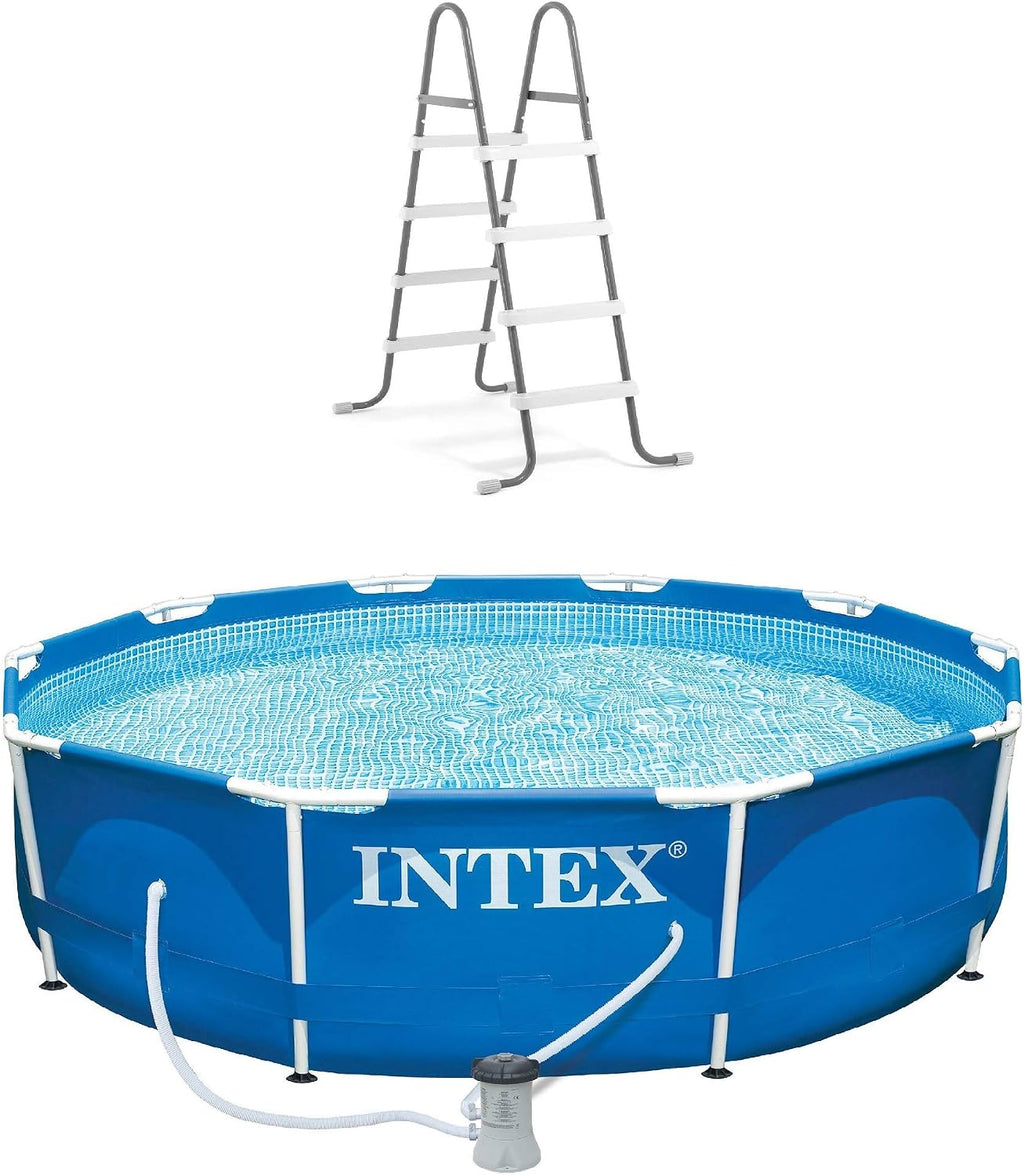 INTEX 10ft x 30in Round Metal Frame Above Ground Pool Set with 330 GPH Filter Pump, Type H Filter Cartridge, and Steel Frame Pool Ladder