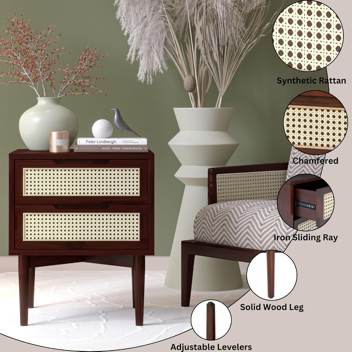 Bme Oliver Solid Wood Rattan Nightstand/Side Table/End Table, Fully Assembled, for Bohemian & Mid Century Style Bedroom and Living Room, Walnut