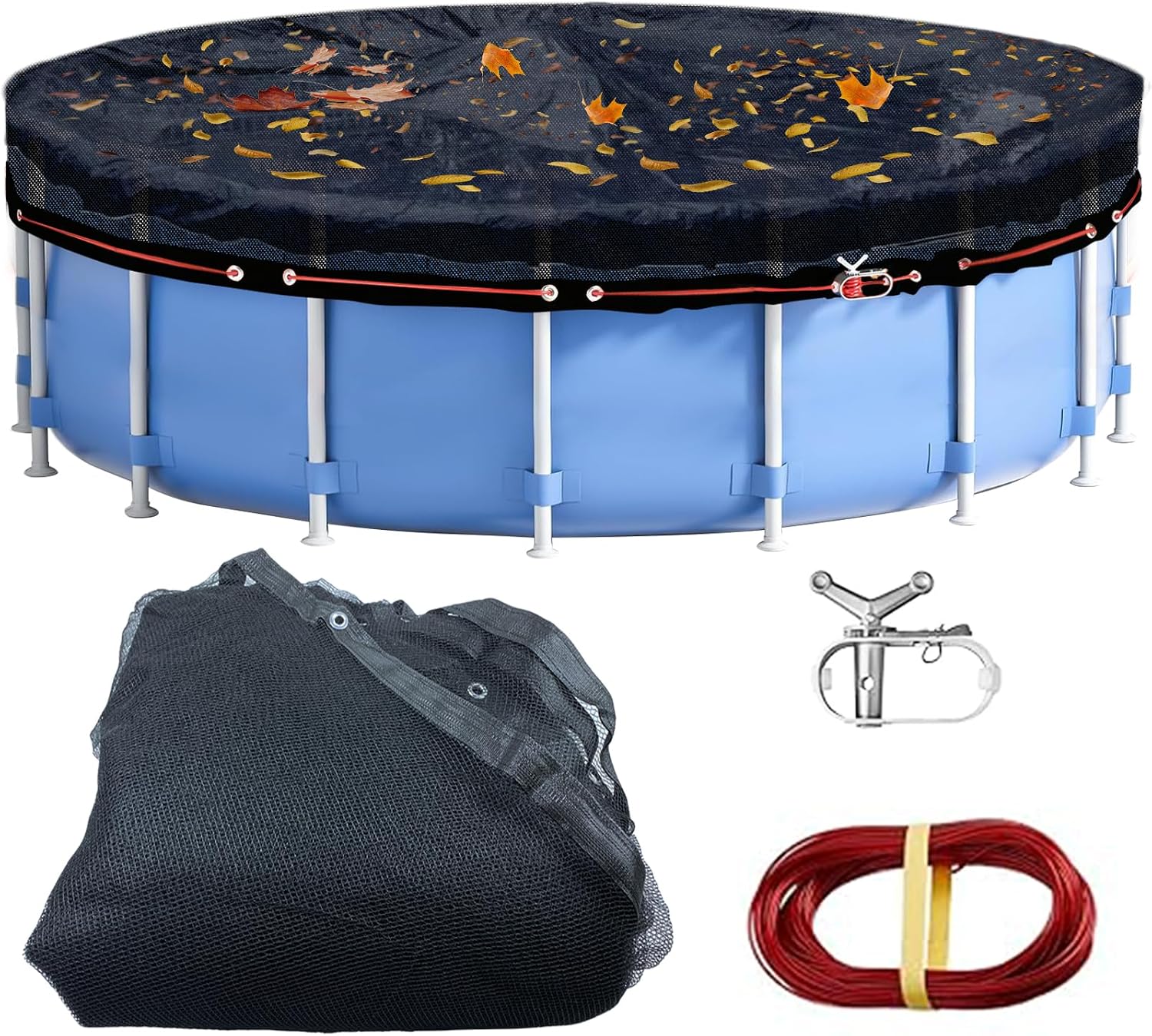 33.5FT Leaf Net Pool Cover for 30 Ft Round Above Ground, Durable Black Mesh Swimming Pool Leaf Net Cover with Winch and Cable for Leaves and Debris, Tear Resistant, UV Resistant, and Reatherproof