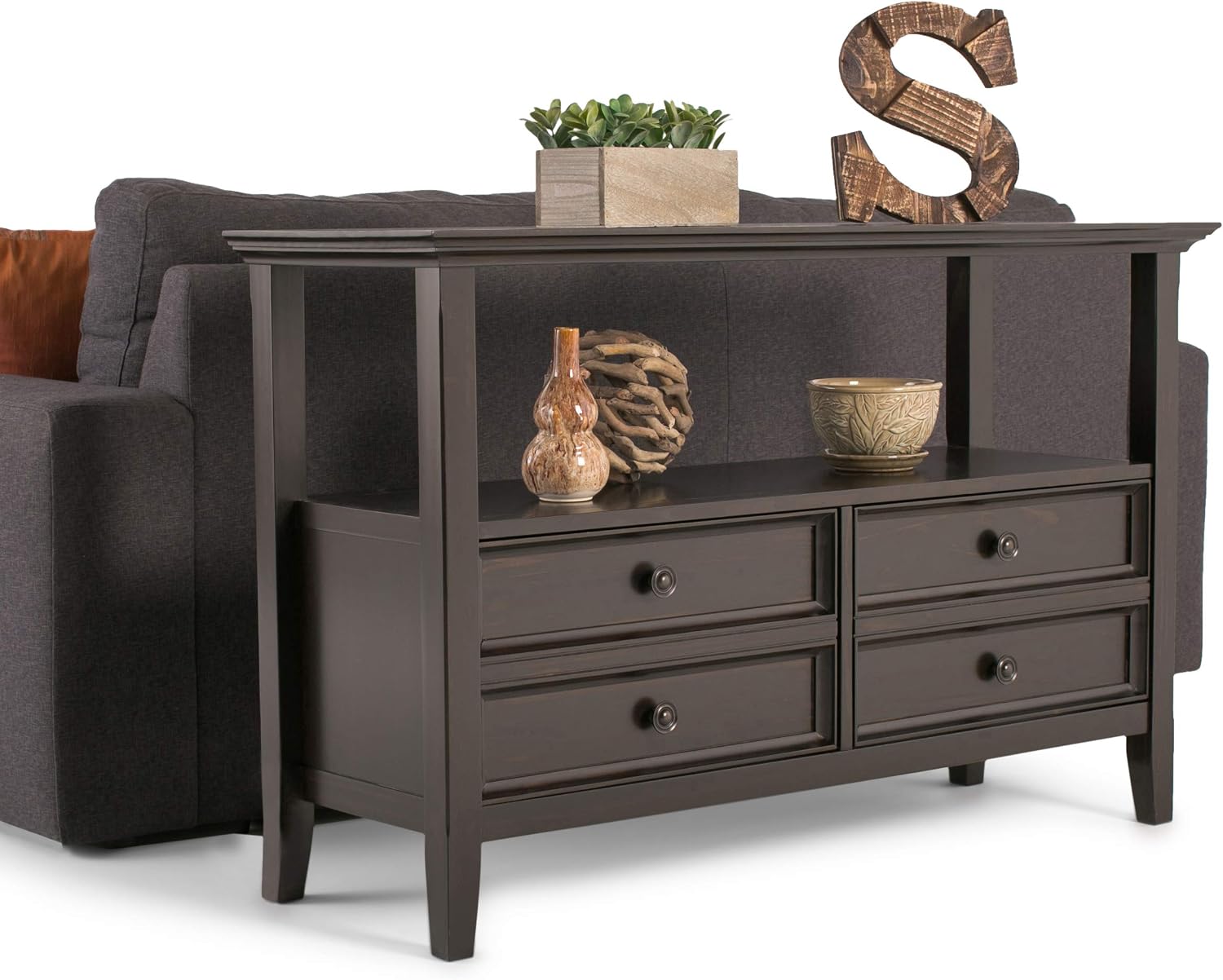 SIMPLIHOME Amherst Console Table - 48 Inch Wide Solid Wood Sofa Table in Hickory Brown, Transitional Storage Table for Entryway or Living Room with 2 Deep Drawers and Large Open Shelf