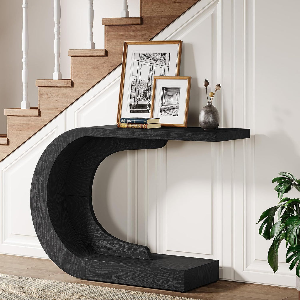 Tribesigns 43.3' Farmhouse Console Table for Entryway, Unique C-Shaped Rustic Sofa Table Behind Couch with Storage for Living Room, Hallway, Entry, Entrance, Foyer, Easy Assembly, Black