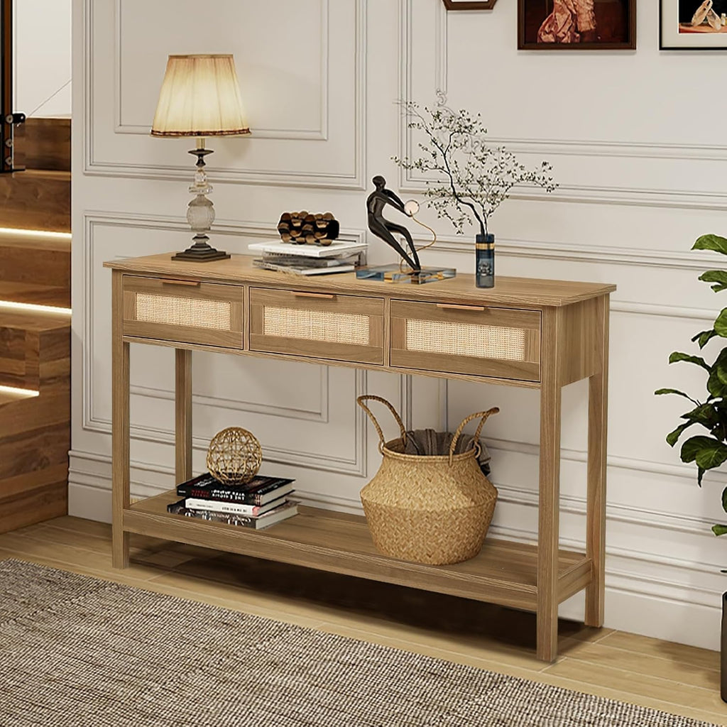 LAZZO Rattan Console Table Boho Entryway Table Narrow Long Sofa Table Hallway Foyer Table Behind Couch Table with 3 Drawers and Open Storage Shelf for Living Room and Corridor Brown