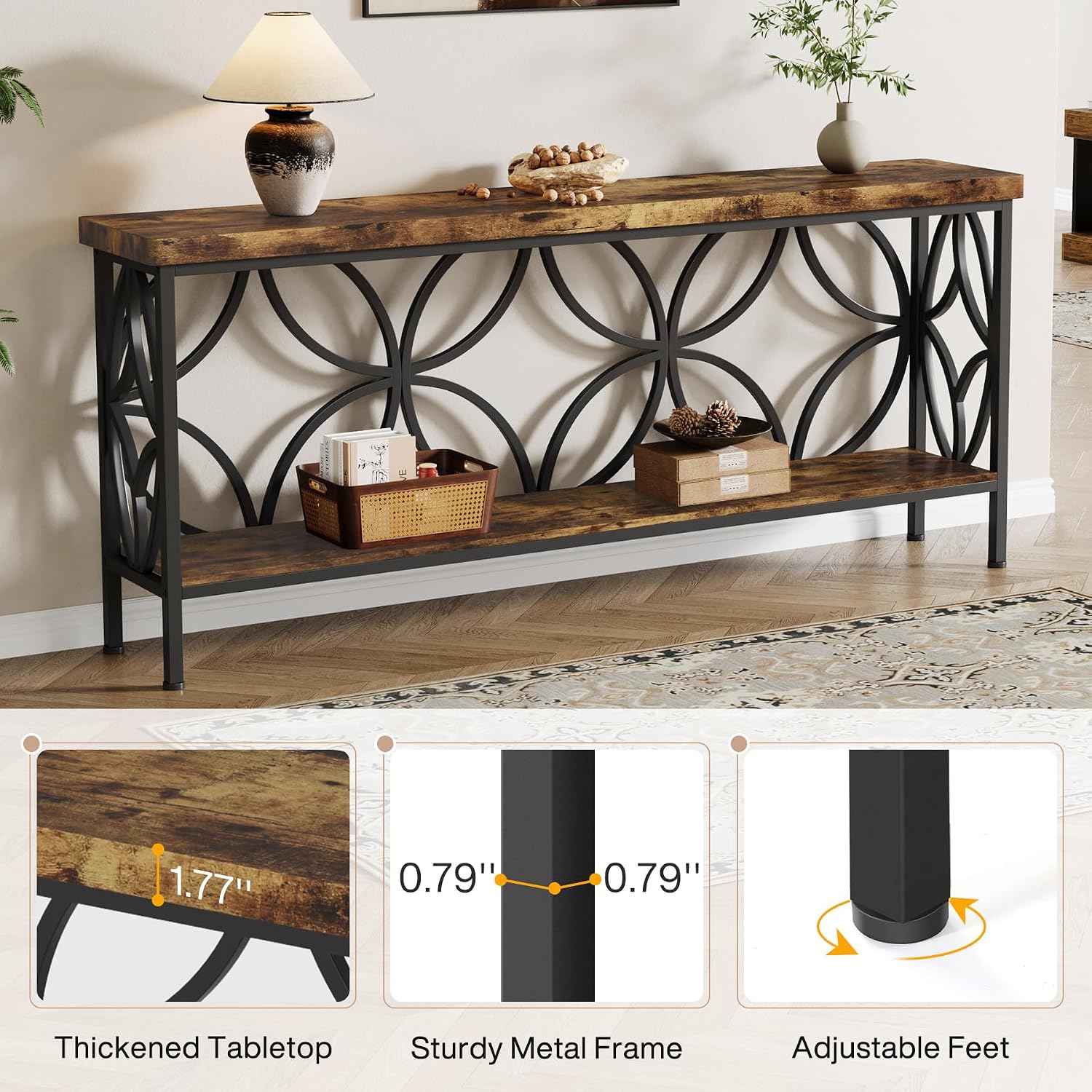 Tribesigns 70.9-Inch Narrow Sofa Table, 2-Tier Industrial Console Table Behind Couch, Long Entry Tables with Storage for Entryway, Living Room, Foyer, Hallway, Rustic Brown