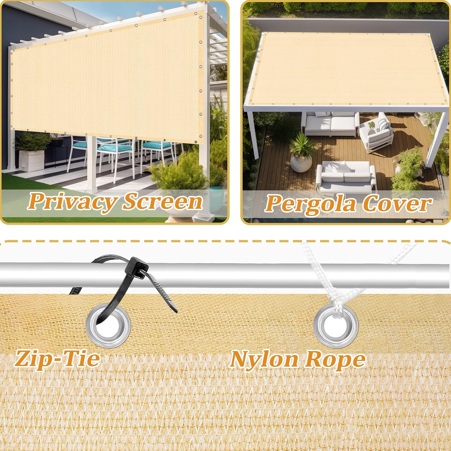 Shade&Beyond Customized Size 6' X 14' Shade Cloth with Grommets, 90% UV Protection UV Protection Mesh Tarp Sun Screens for Patio GN04, Wheat